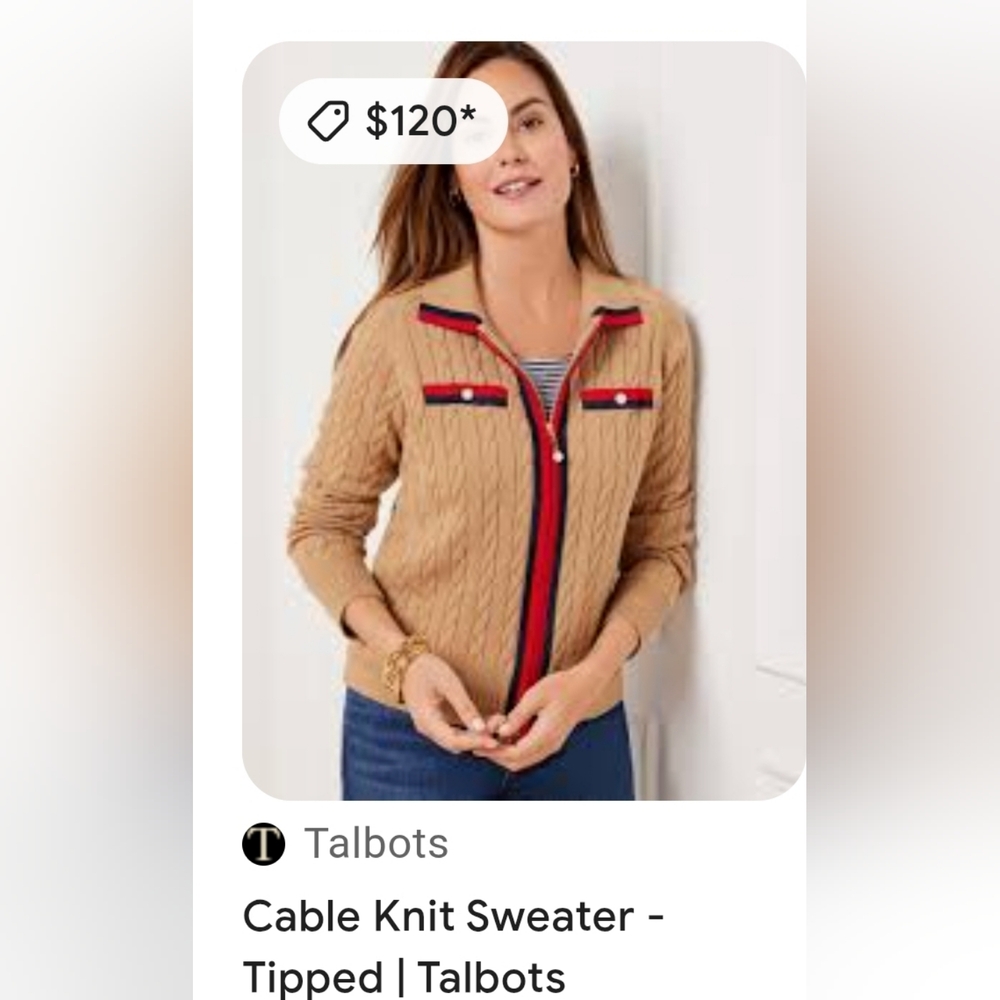 Talbots Tan Cable Knit Cardigan with Red and Blue Trips, Sweater - Picture 3 of 4